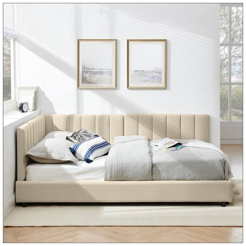 Full Size Upholstered Tufted Bed Frame with Comfortable Backrest and Armrests