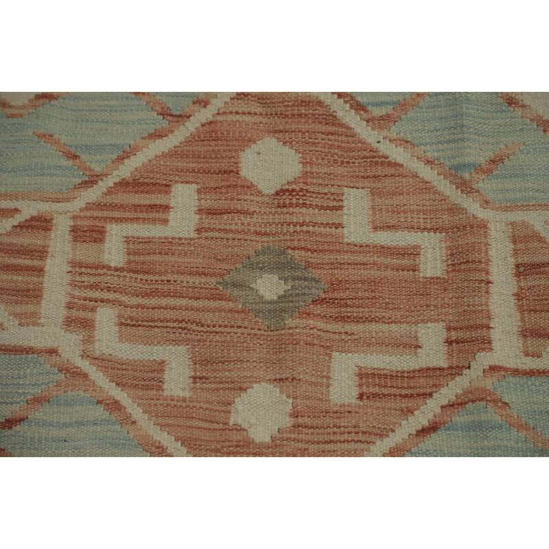 Hand Woven Southwestern Wool Blue Geometric Area Rug - 8' 2'' X 4' 9''