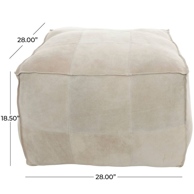 Gray Leather Low Profile Square Pouf with Patchwork Design
