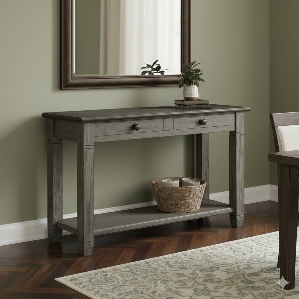 Rome 48 Inch Sofa Table, Rectangular, 2 Drawers, Brown, Gray, Solid Wood