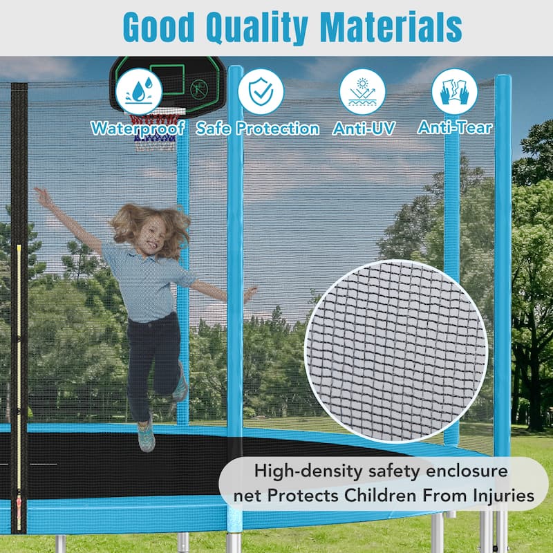 14FT Kids Trampoline with Safety Net Basketball Hoop Ladder Easy Assembly Round Outdoor