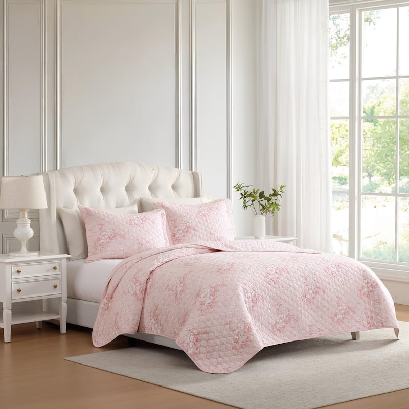 Laura Ashley Toile Delightful Cotton Reversible Pink Quilt Set