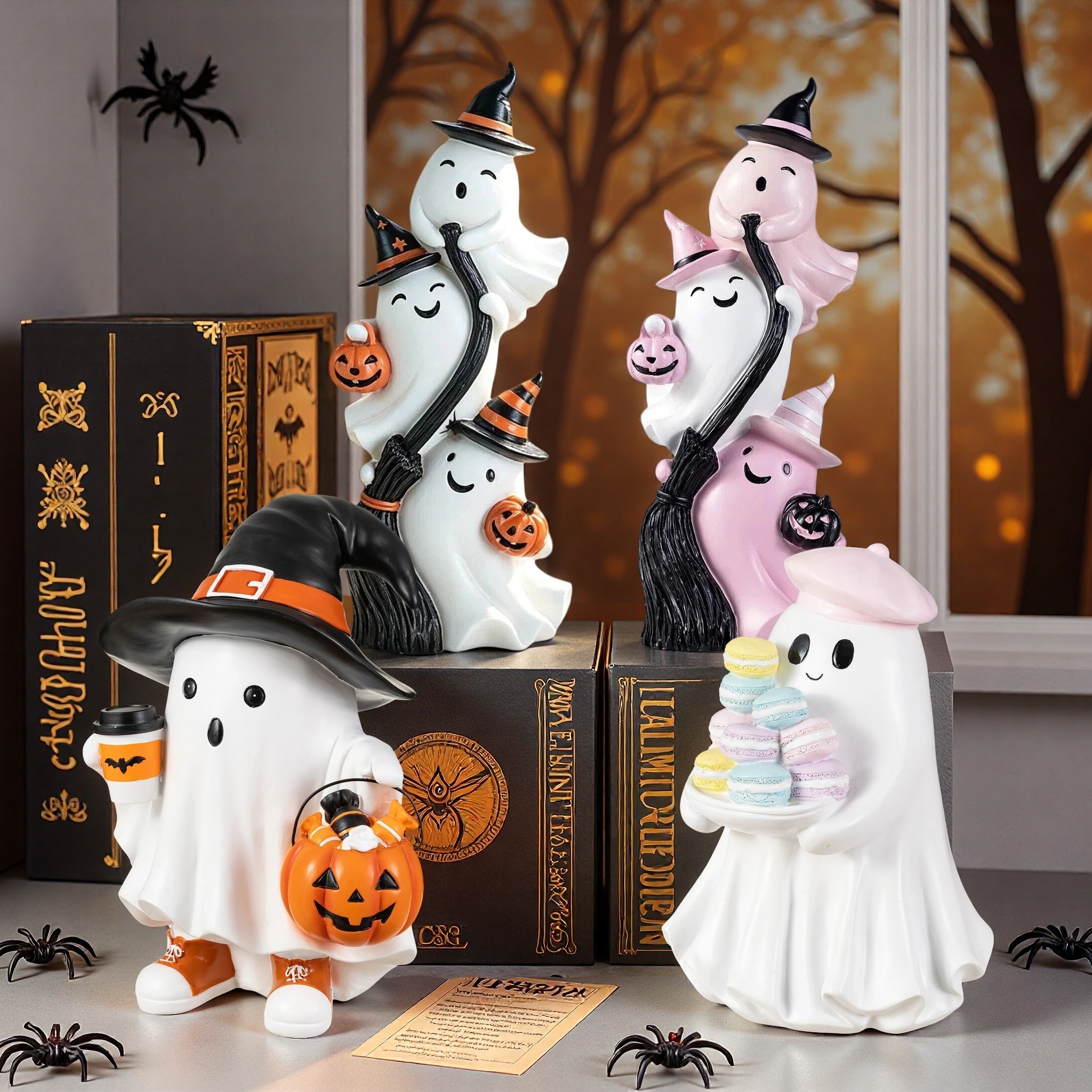 Glitzhome Halloween Resin White Pink Ghost Cute Spooky Figurine Table Decor