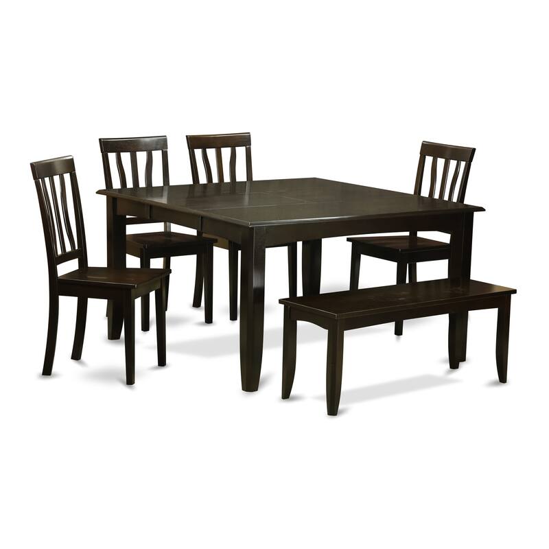 East West Furniture Dining Set Contains a Square Dining Table with Butterfly Leaf and 4 Kitchen Chairs with a Bench, Cappuccino