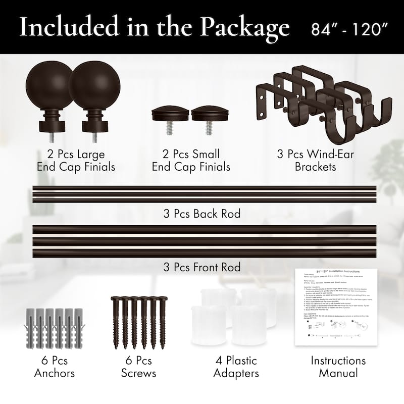 Meriville 1-Inch Diameter Steel Ball Double Window Curtain Rod with Norwood End Cap Finial