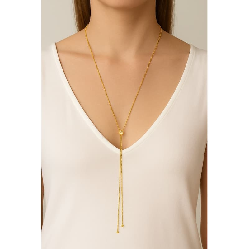 Beaded Chain Lariat Necklace with CZ Accent