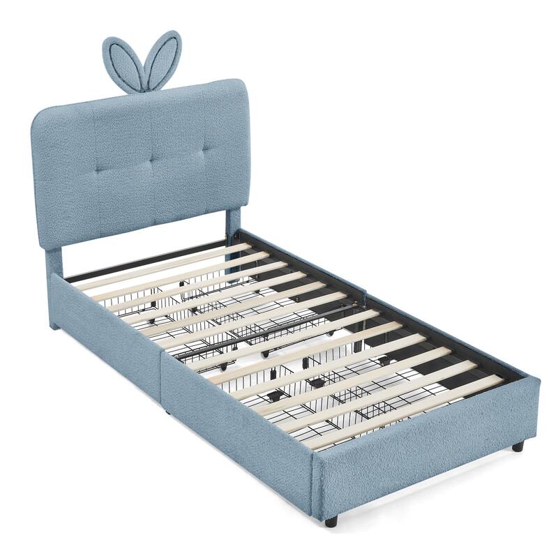 Kids Boucle Upholstered Bed with Rabbit Ear Headboard, LED Music Sync & 4 Drawers
