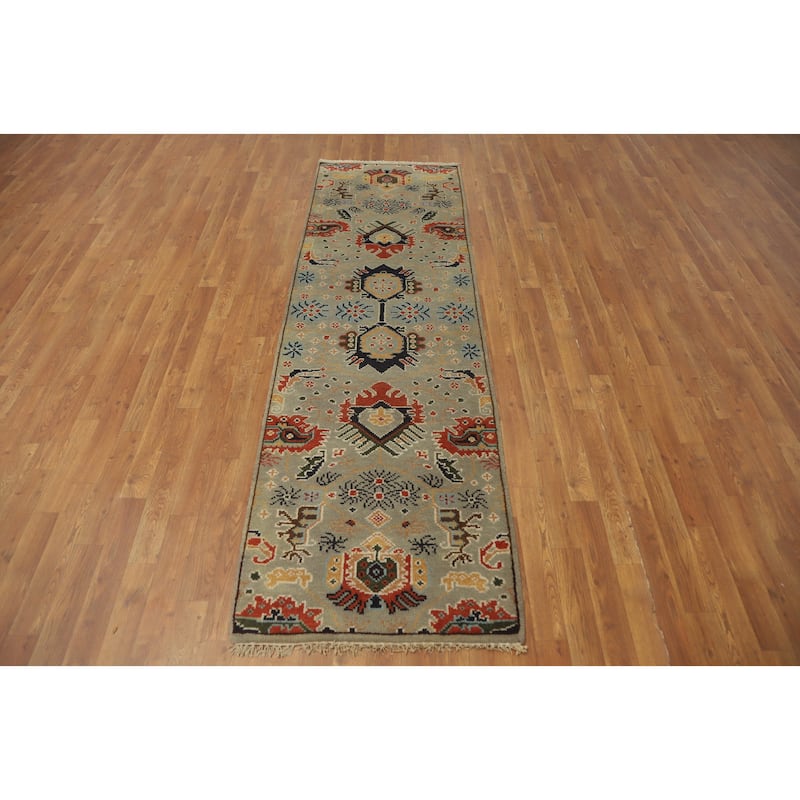 Hand-knotted Traditional Wool Grey Geometric Oriental Area Rug - 8' 2'' X 2' 6''