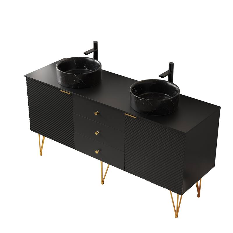 GDFStudio - Gema 60" Freestanding Bathroom Vanity with Double Stone Pattern Ceramic Vessel Sinks & Sintered Stone Countertop