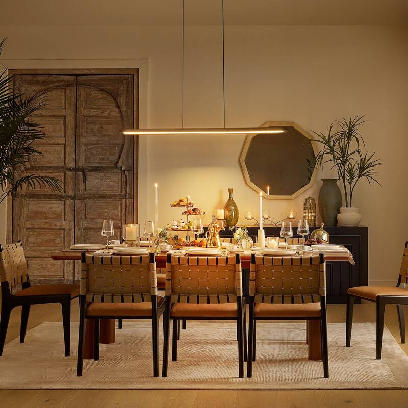 47.2 in. 1-Light Modern Farmhouse Walnut Wood Linear Dimmable Integrated LED Hanging Island Light for Dining Room