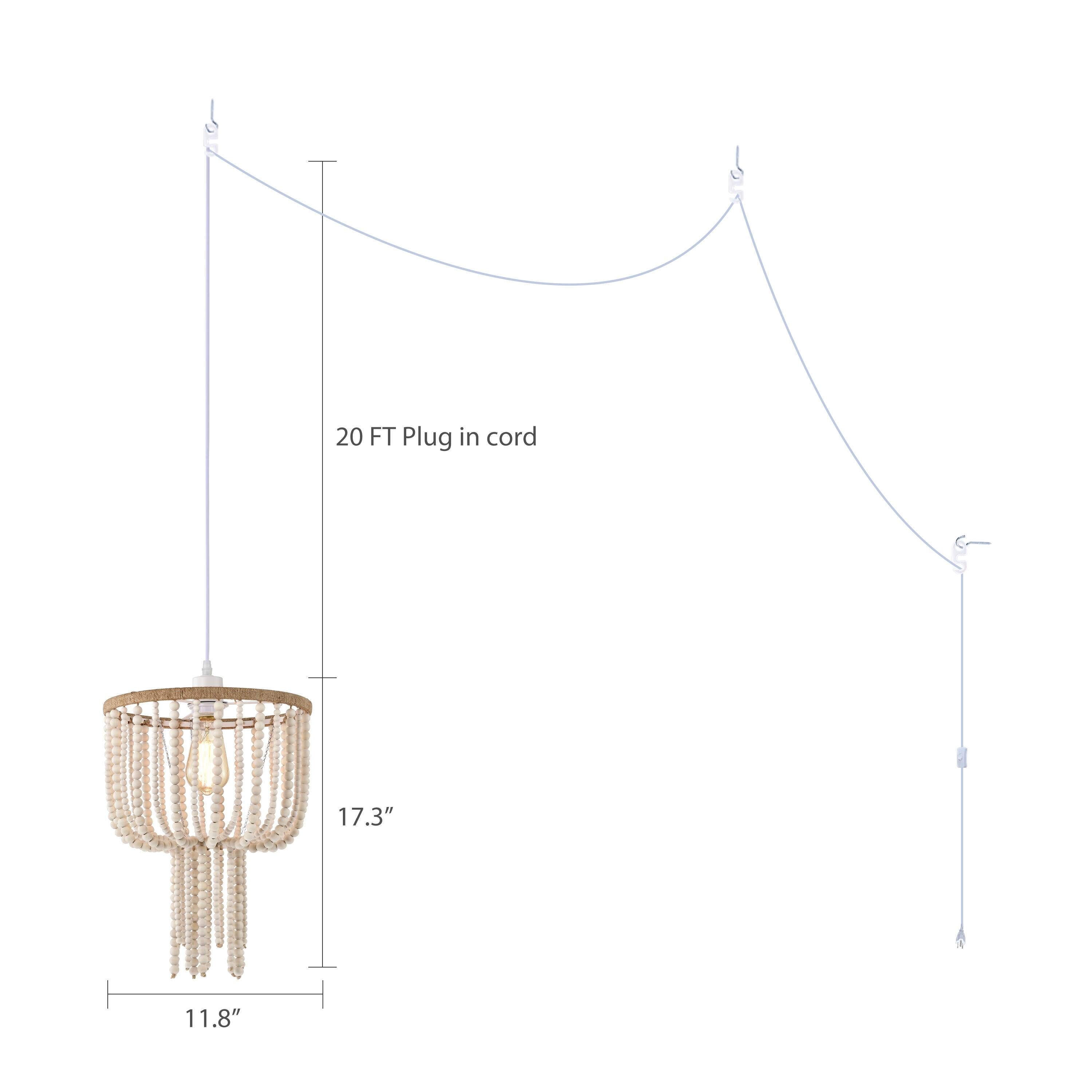 Boho Pendant Light Plugin with Cord Whitewashed Wood Bead Chandelier