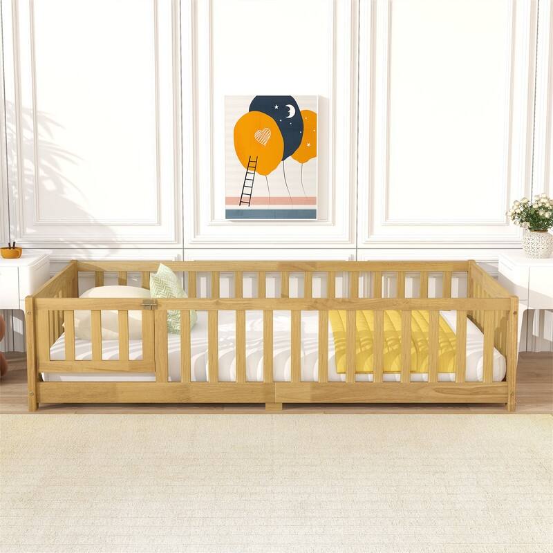 Twin/Full/Queen Size Floor Bed with Fence Guardrails and Door, Rubber Wood Toddler Bed Montessori Bed with Slats Support