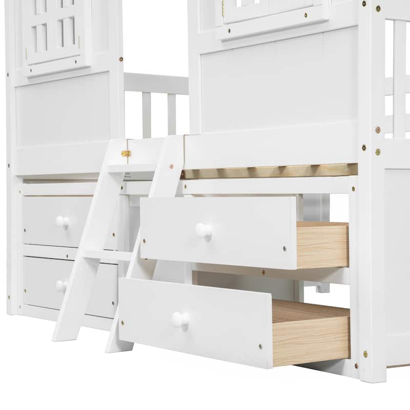 Wooden Loft Bed w/4 Storage Drawers and Roof, Full Size House Loft Pine Wood Bed