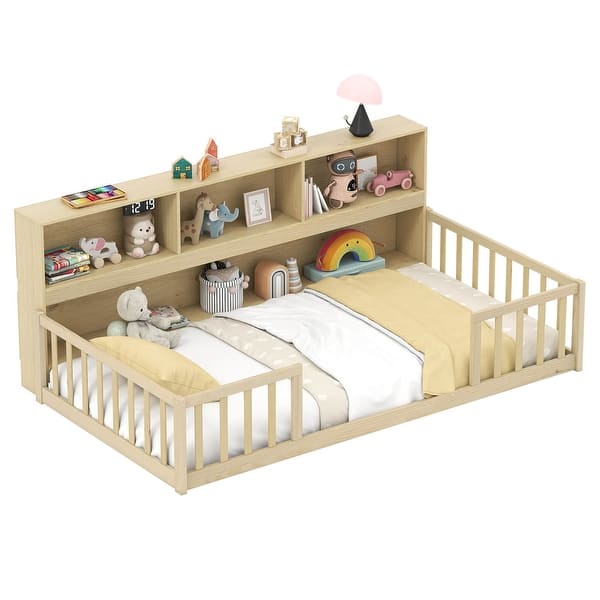 slide 2 of 22, Costway Twin Size Montessori Floor Bed with Bookcase Storage Shelves & Natural