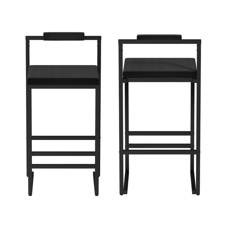 Modern Velvet Upholstered Bar Stools Set of 2 Counter Height Footrest Back Support Black Kitchen