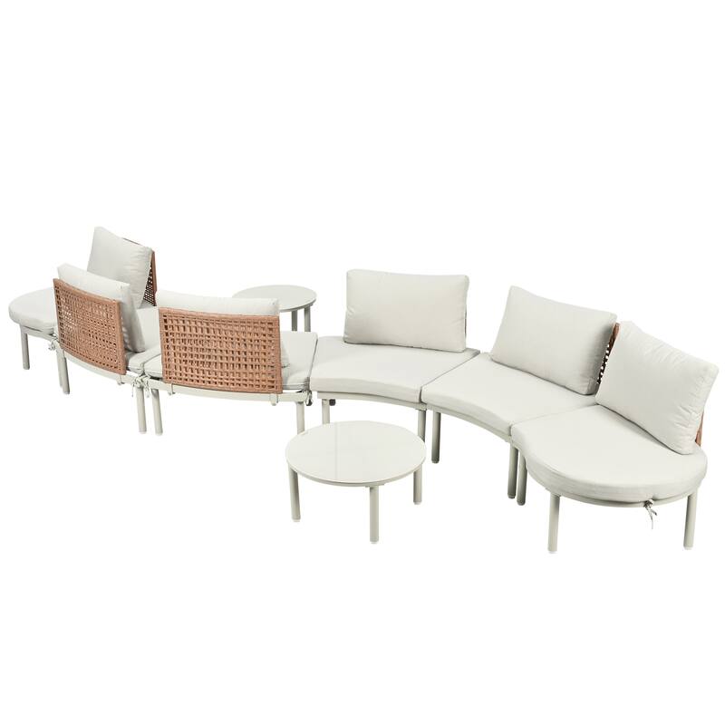 8-Piece Patio Sofa Furniture Set, Half Moon Sectional Sofa with 2 High-Low Coffee Tables, 6 Pillows & Cushions