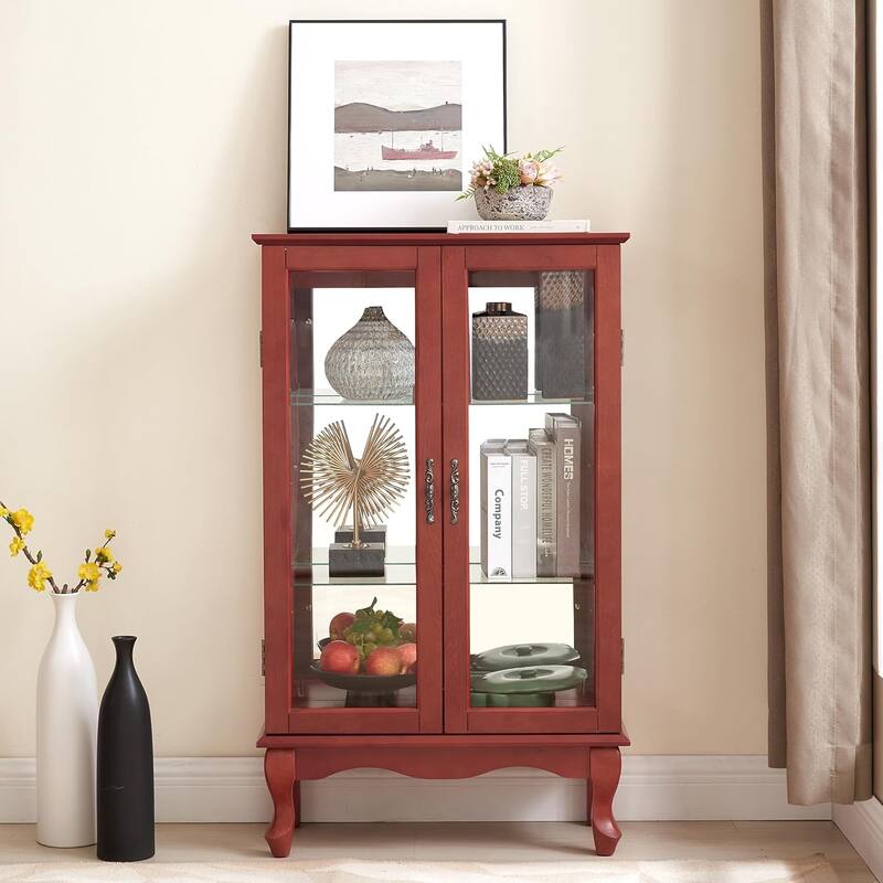 Roomfitters 2 Doors Curio Cabinet with Tempered Glass Doors, Mirrored Back Panel, Adjustable Shelves, Lighted Display Cabinet