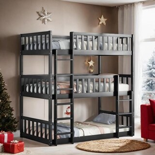 Luxury Twin Size Triple Rubber Wood Bunk Bed, with Ladders, Guardrails Detachable Bunk Bed, Twin over Twin over Twin, Black