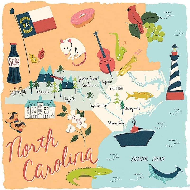 North Carolina Home 4-Pack Absorbent Stone Coasters with Protective Cork Backing 4" Square Made in The USA Easily Wipes Clean - Multi
