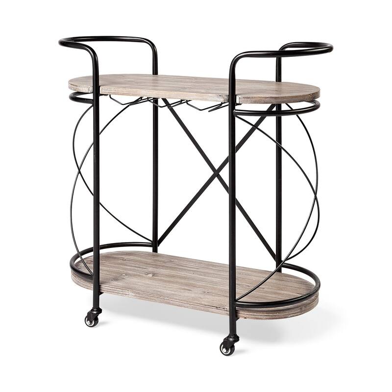 Cyclider Black Metal With Two Wooden Shelves Bar Cart - 34.6L x 15.4W x 34.3H