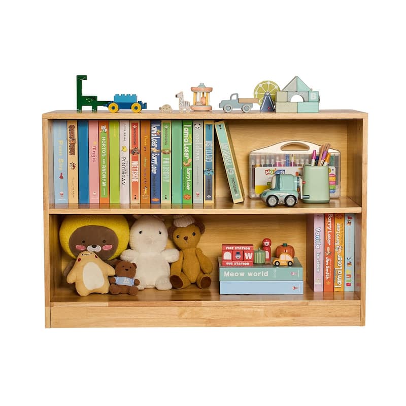 Brown Wooden Montessori Bookshelf with 2 Compartments and Top Storage - 35.43 x 11.81 x 23.62 in