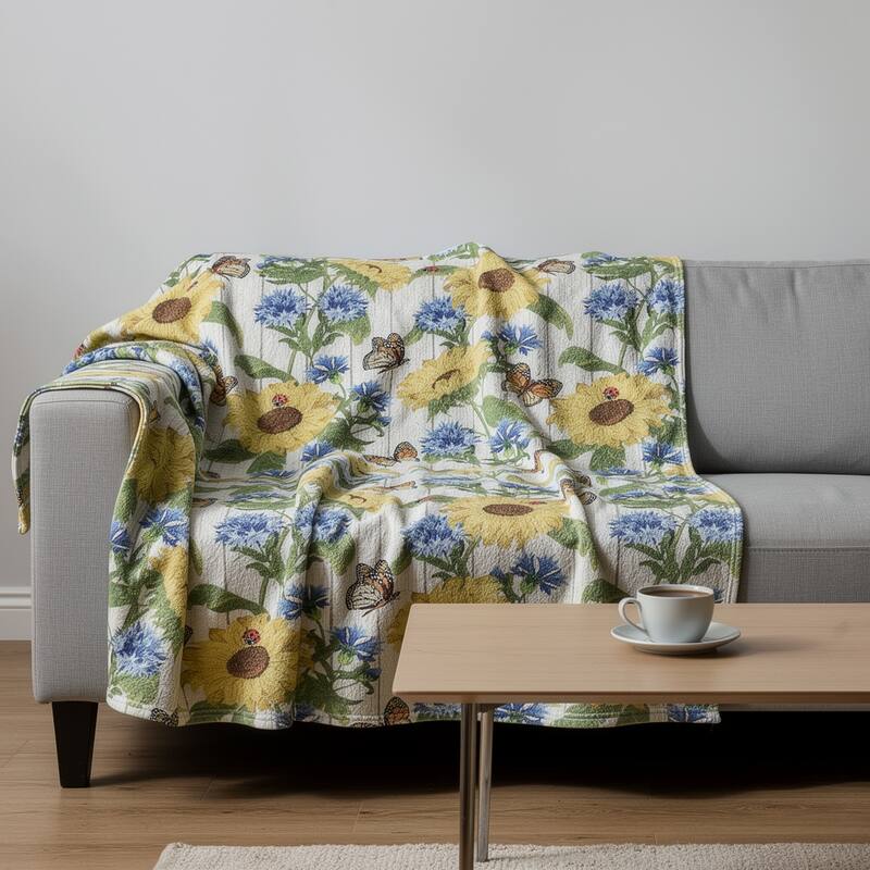 HomeRoots 50" X 70" Ivory And Yellow Sunflower Floral Microfiber Plush Throw Blanket - Throw - Blue/Yellow/Ivory