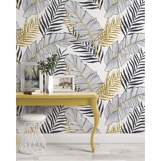 Black White Gold Exotic Tropical Leaves Removable Textile Wallpaper ...
