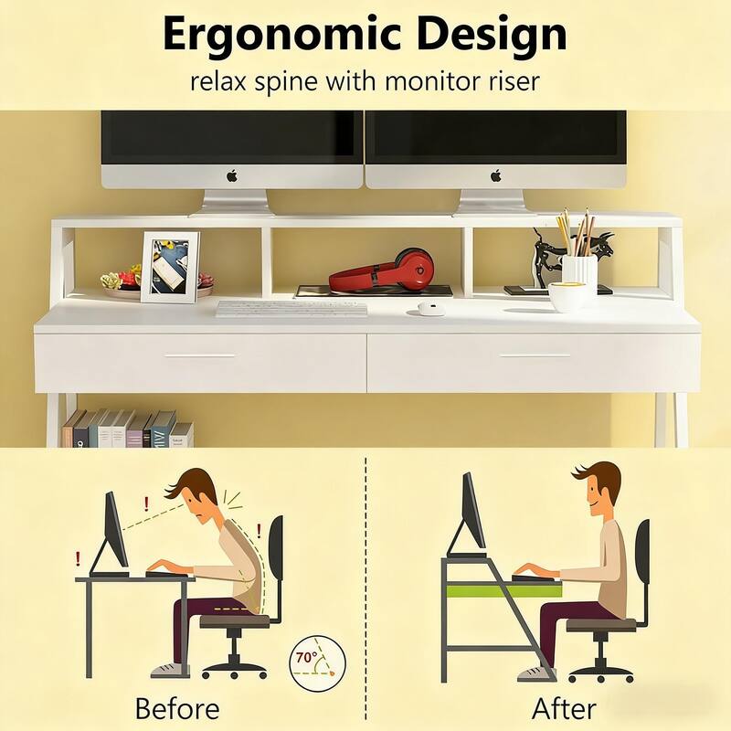 47 Inch Office Desk with Drawers and Storage Shelf, Writing Desk with Monitor Riser for Home Office Bedroom