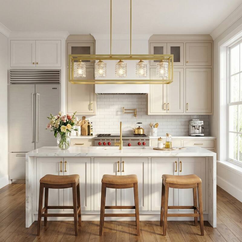 Mid-century Modern 5-light Gold Rectangle Dining Room Chandelier with Crystal Glass - UL - 37 inches