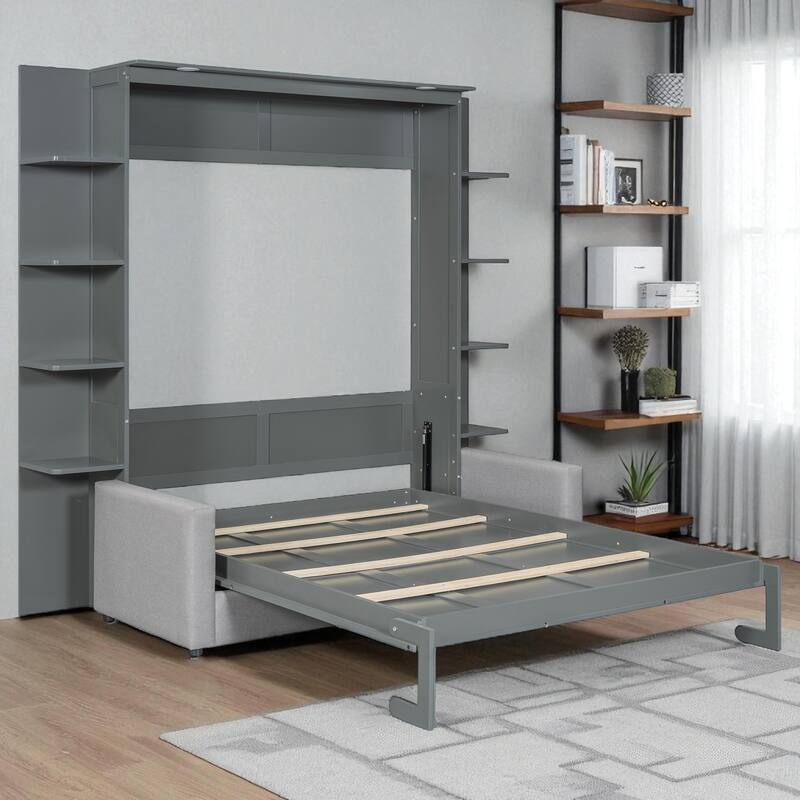Queen Size Murphy Bed with Sofa, Space-Saving Wall Bed, Easy Pull-Out Design