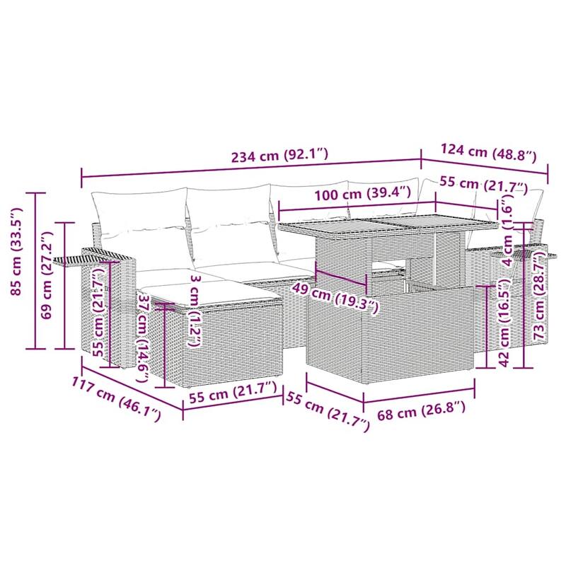 vidaXL Garden Sofa Set Black and Cream White - 21.7 x 39.4 x 28.7