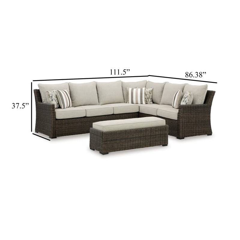 Soha Outdoor 3pc Sectional Sofa, Brown Wicker, Beige Nuvella Cushions