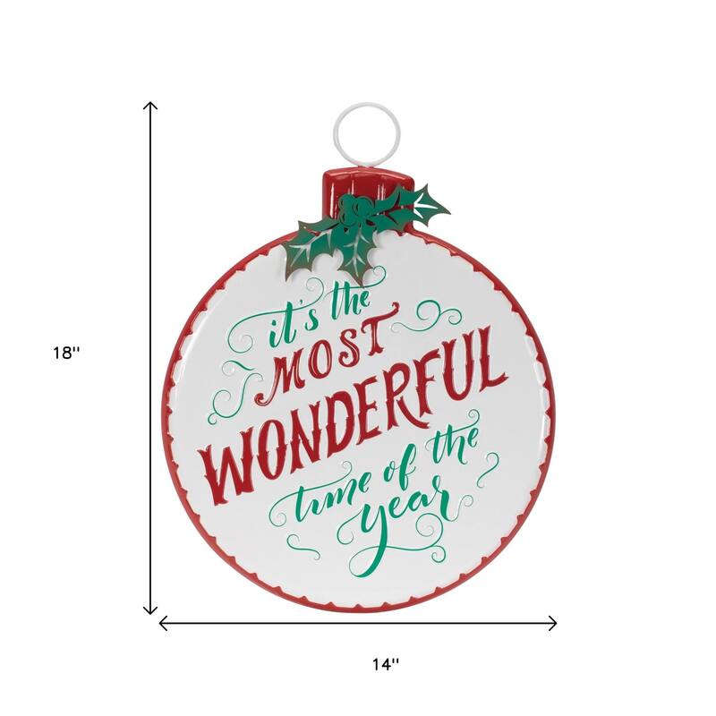 HomeRoots 18" X 14" White Green And Red Metal Christmas Ball Hanging Wall Decor