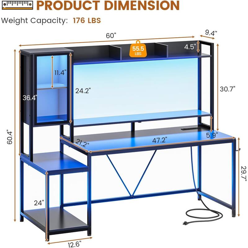 Gaming Desk LED Lights Hutch and Storage Shelves Glass Display Cabinet