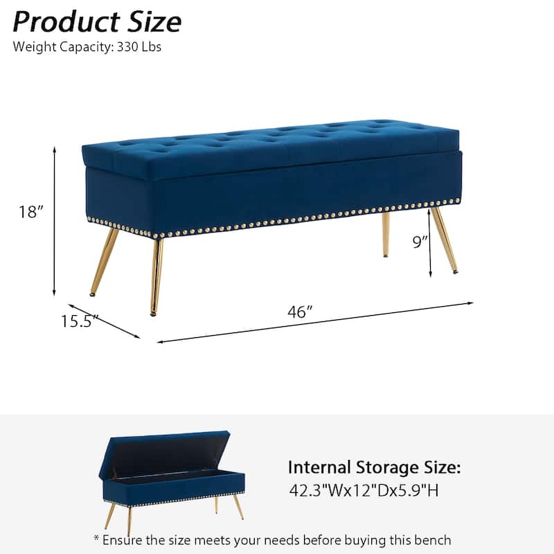 Velvet Storage Ottoman Bench with gold legs and Nailhead Trim for Bedroom/End of Bed/Entryway/Window