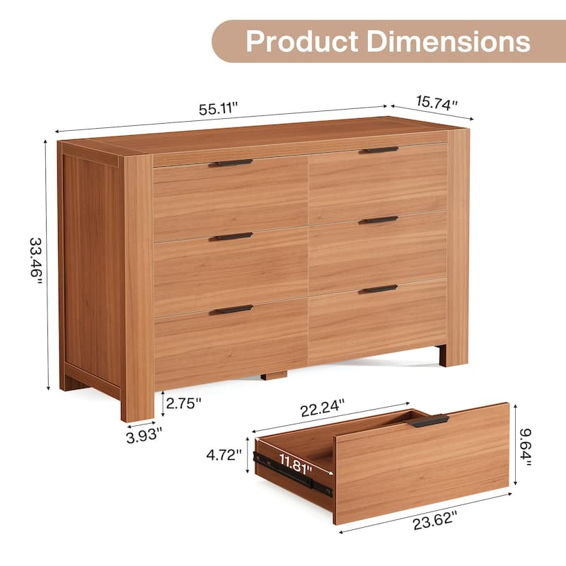 55-Inch Chest of Drawers, Wooden 6-Drawer Dresser Closet Storage Organizer