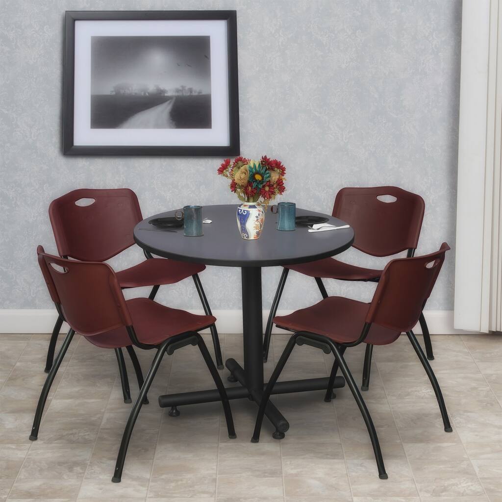30 in. Round Breakroom Table- Grey & 4 'M' Stack Chairs- Burgundy