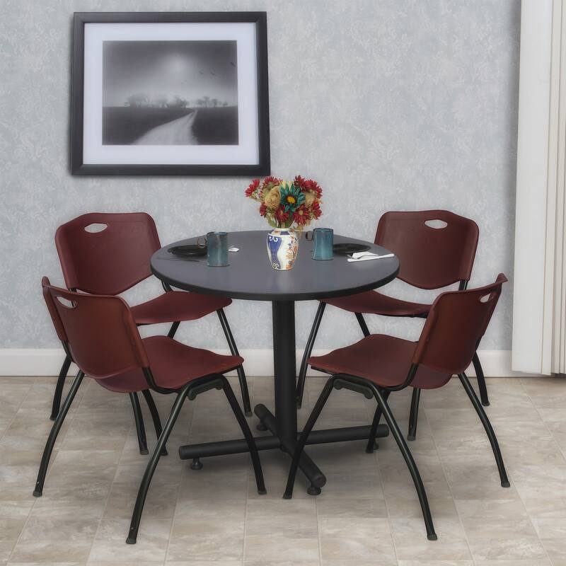 30 in. Round Breakroom Table- Grey & 4 'M' Stack Chairs- Burgundy
