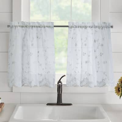 Grandeur Embroidered Sheer Curtain Valance and Tiers with Scallop Detail