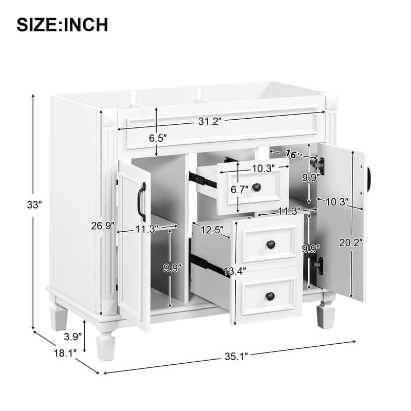 36" Bathroom Vanity without Top Sink, Bathroom Cabinet with 2 Soft Closing Doors and 2 Drawers