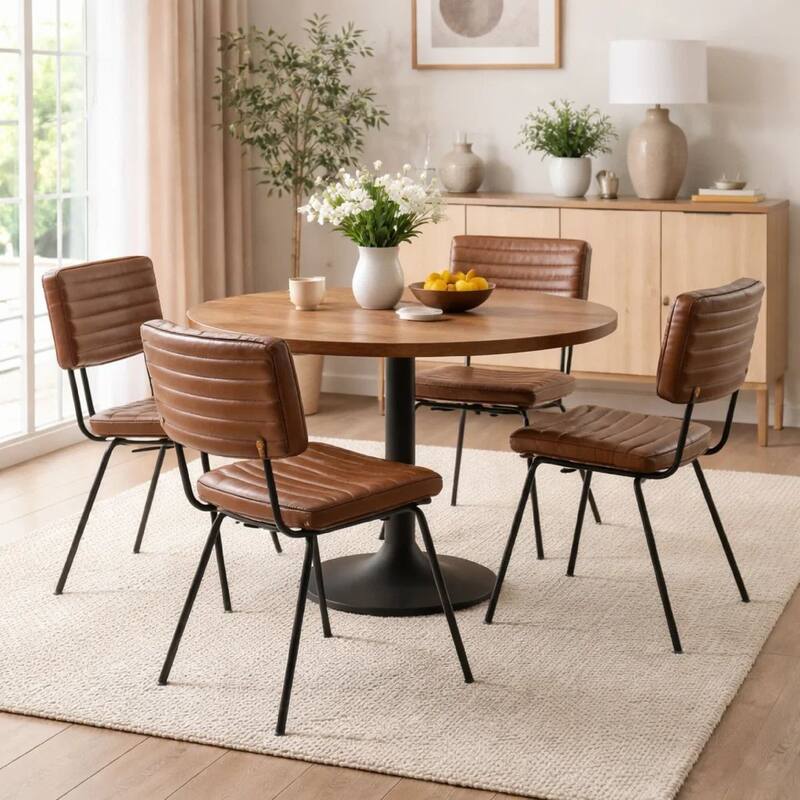 Mia 18 Inch Side Chair, Set of 2, Dyed Brown Leather, Vertical Tufting