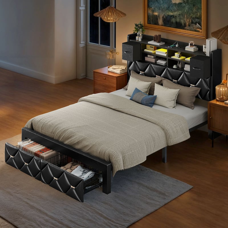 Black Farmhouse Bed Frame Upholstered Headboard Platform Bed with Charging Station