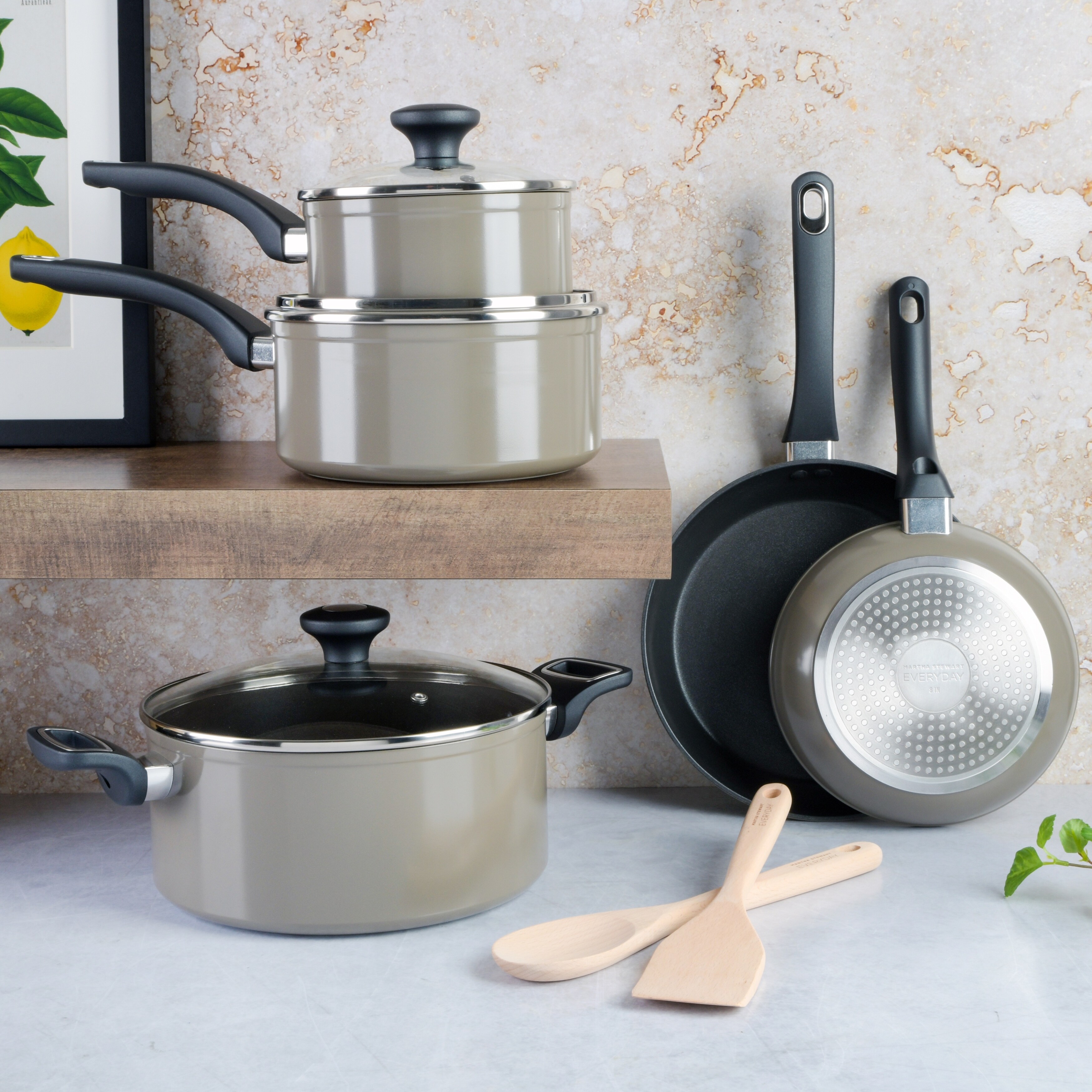 Martha Stewart Everyday Hearne 10-Piece Dusty Blue Enamel Aluminum Cookware  Set Pots and Pans Set