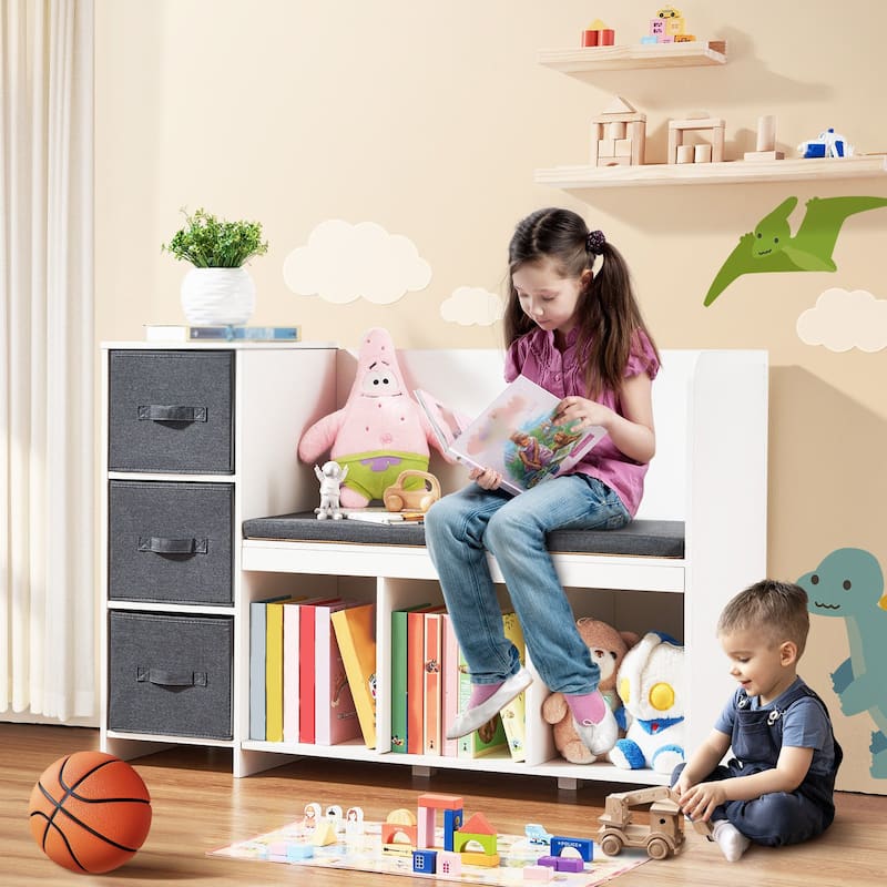 White 6 Cubby Storage Organizer Kids Reading Nook Bench with Detachable Seat Cushion and 3 Drawers - 43.11” x 15.87” x 29.92”