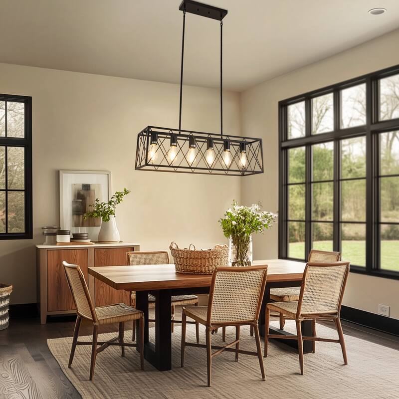 YANSUN 6-Light Black Iron Cross-Mesh Island Pendant Light with Rod Suspension, E26 Base for Modern Spaces - 9.64*30.31*8.66
