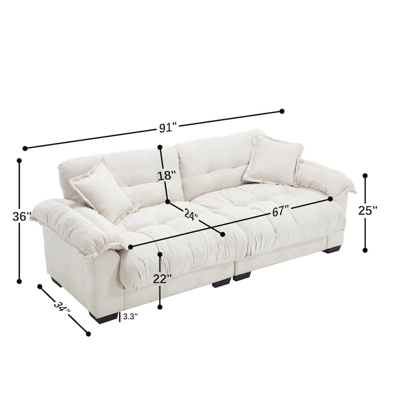 91" Modern Chenille Sofa Tufted Upholstered Couch with Two Throw Pillows for Living Room, Office, Living Room