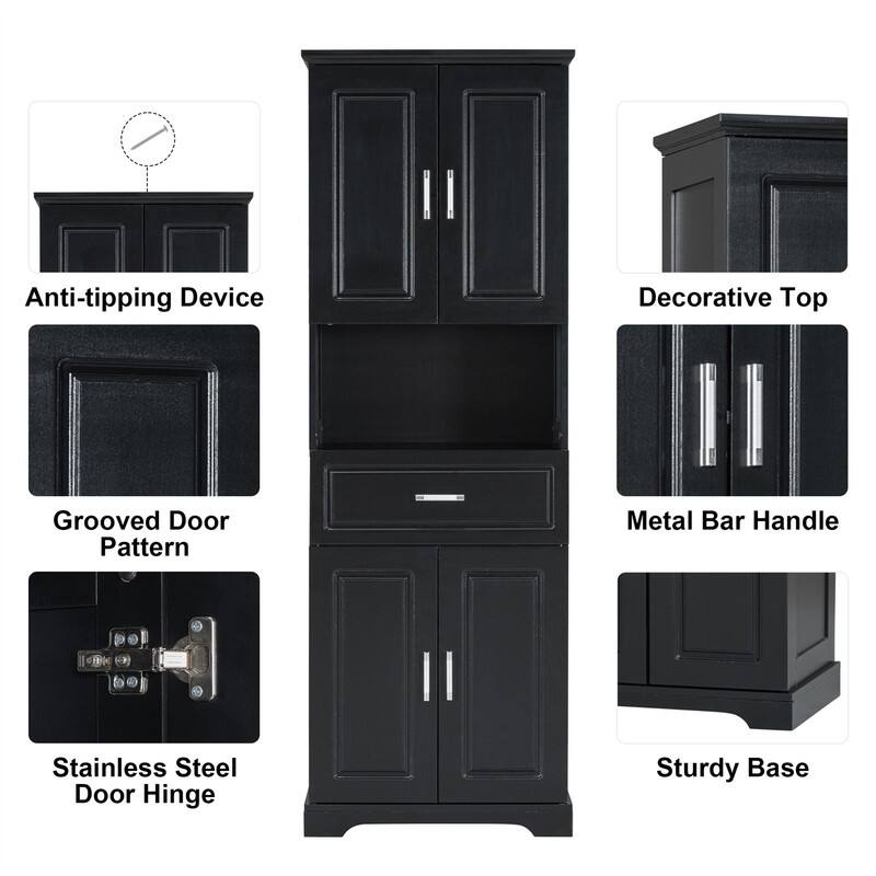 Tall Bathroom Storage Cabinet with 4 Doors and 1 Drawer, Freestanding Bathroom Floor Cabinet w/Open Storage & Adjustable Shelves