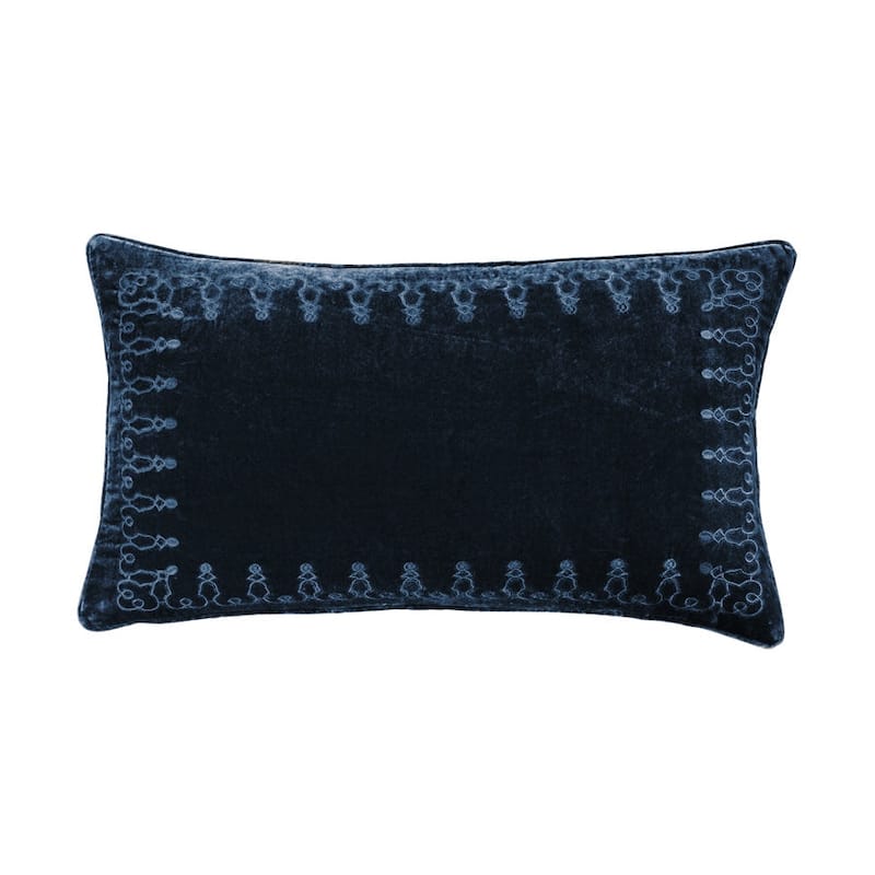 HiEnd Accents Stella Faux Silk Velvet Romantic Western Embroidered Decorative Throw Lumbar Pillow, 14"x24" - Midnight Blue