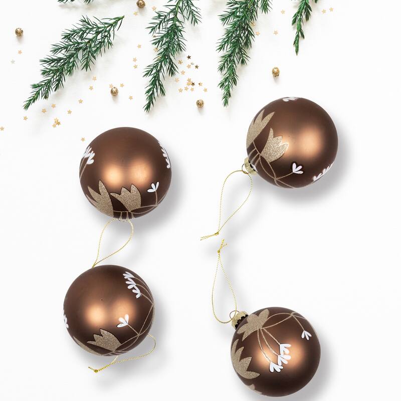 4ct Brown Gold 2-Finish Floral Glass Christmas Ball Ornaments 3.25"