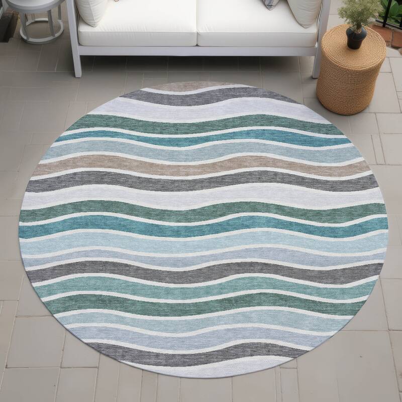 Machine Washable Indoor/ Outdoor Contemporary Stripe Chantille Rug - Teal - 8' x 8'